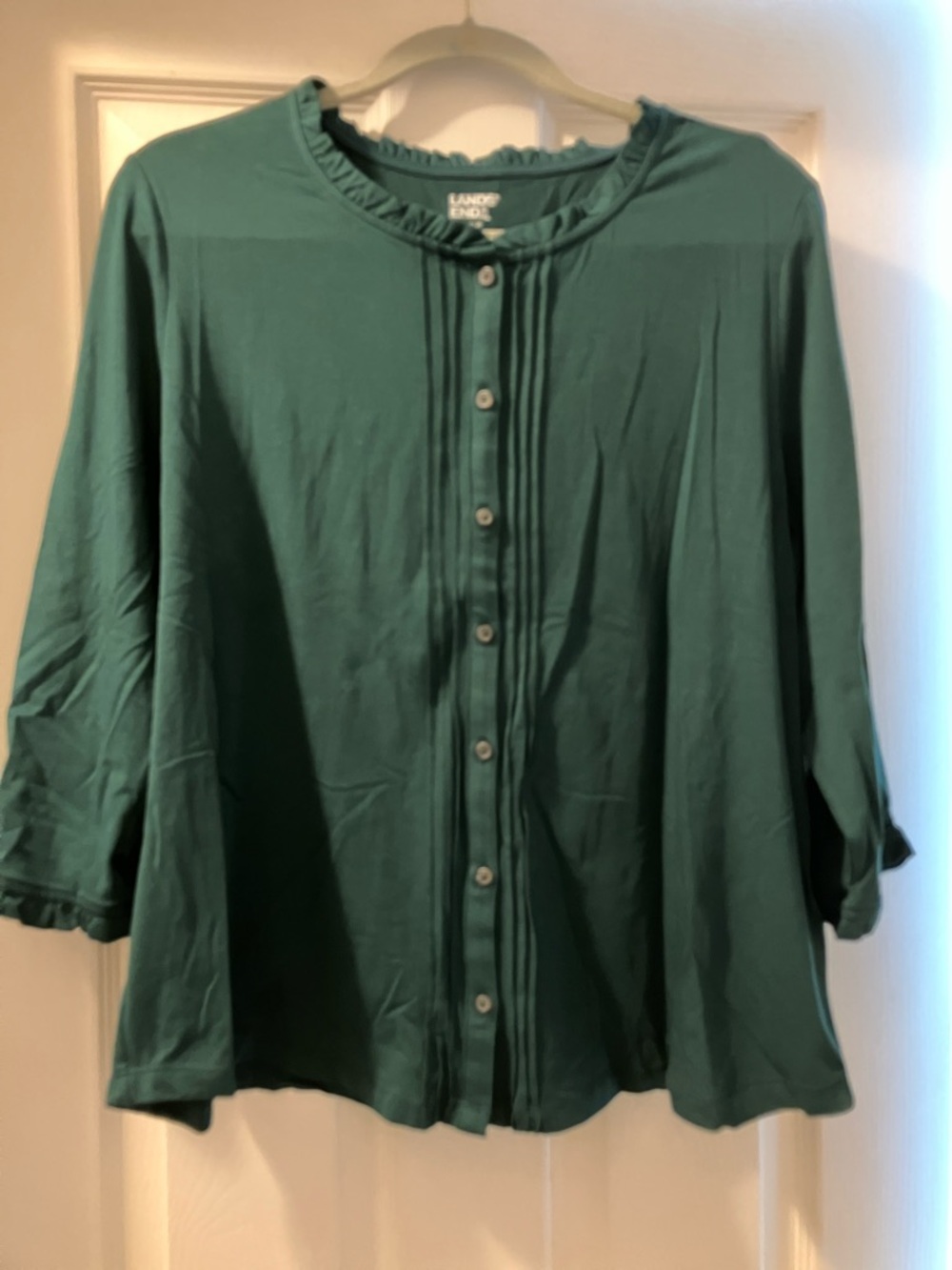 Lands' End Teal Green Button-Front Ruffle Collar Shirt